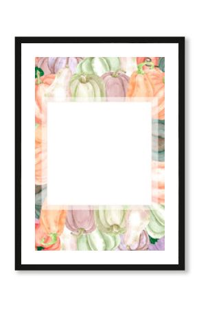 Hand drawn watercolor autumn pumpkins frame border isolated on white background. Rural illustration Can be used for postcard, label, scrapbook and other printed products.