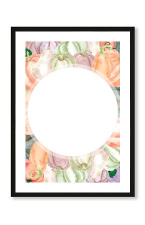 Hand drawn watercolor autumn pumpkins frame border isolated on white background. Rural illustration Can be used for postcard, label, scrapbook and other printed products.