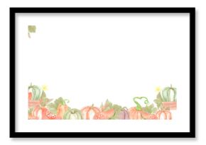 Hand drawn watercolor ripe pumpkins in the wooden cart and leaves banner frame border isolated on white background. Can be used for banner, label and other printed products.