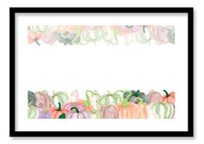 Hand drawn watercolor autumn pumpkins banner frame border isolated on white background. Rural illustration Can be used for banner, label, scrapbook and other printed products.