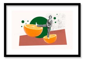 Composite photo collage of happy girl ballerina do stretching leg orange citrus half fruit detox nutrition isolated on painted background