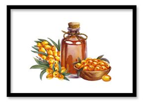 Sea buckthorn in a wooden bowl and sea buckthorn oil in a vintage glass bottle. A hand-drawn watercolor illustration. For cosmetology and pharmaceuticals. For packaging, labels, flyers and posters.