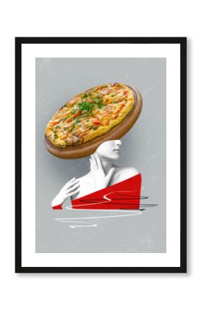 Contemporary art collage. Concept woman in a frame with pizza as a head.