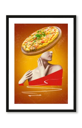 Contemporary art collage. Concept woman in a frame with pizza as a head.