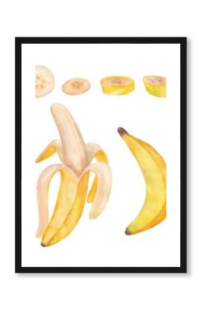 A set of bananas and banana slices. A botanical watercolor illustration is highlighted on a white background. For the design of the menu images on the packaging