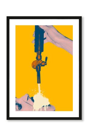 Artistic pop art collage. Beer tap handle, pouring stream of foamy beer into female mouth against bright yellow background. Concept of beer, party, celebration, festival, enjoyment. Halftone design