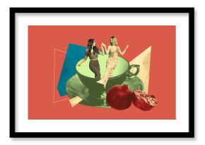 Image art 3d creative poster collage of two happy glamour girl dance tea cup saucer pomegranate juice tea party celebration