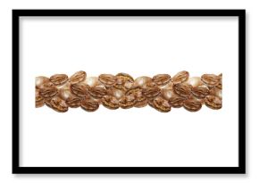 Coffee beans, brown and roasted. Seamless horizontal border. Hand drawn watercolor illustration isolated on white. For wrapping paper, wallpaper, cafe menu.