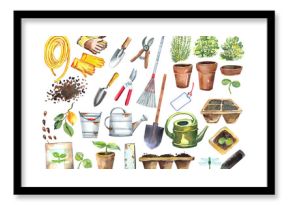 Garden Toois Clipart, gardening, wheelbarrow, tomatoes, wildflowers, shovel, gloves, dragonflies, watering Can. Isolated elements. Stock illustration hand painted in watercolor.