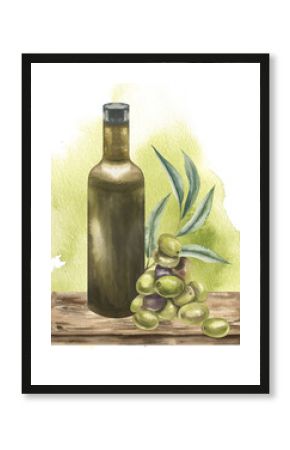 Olive oil green bottle on wooden board with fresh olives fruits bunch and floral decoration clipart. Hand drawn vintage organic food clipart on watercolor splash, Italian cuisine painting for menu