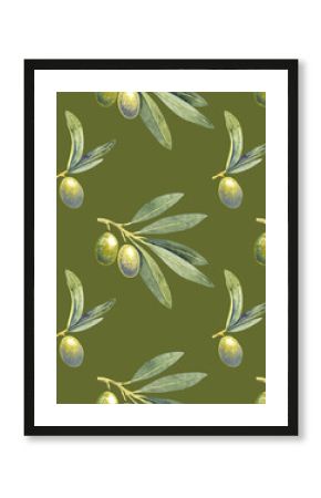 Seamless pattern watercolor green olives branch. Hand painted floral illustration olive fruit, tree branches, leaves on olive background. Drawings food. Edible foliage. For menu, wrapping card gift