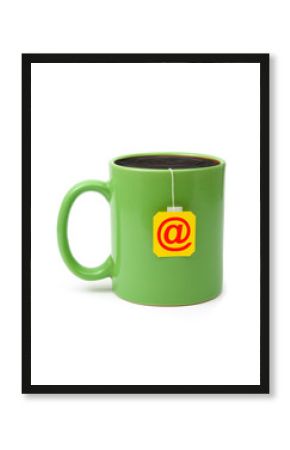 Cup of tea with e-mail symbol isolated on white background