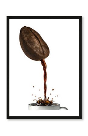 Huge coffee bean with hole pouring coffee into a mug splashing.
