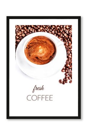 Coffee cup and saucer with  roasted coffee beans isolated on a w