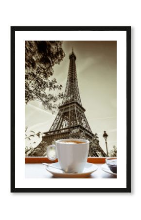 Eiffel Tower with cup of coffee in art style, Paris, France