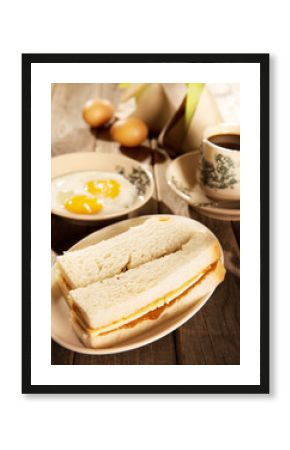 Traditional Malaysian breakfast kaya butter toast and coffee