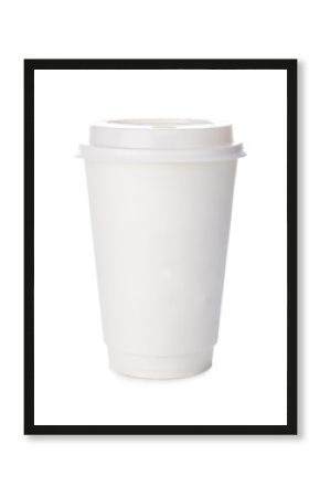 Paper cup of coffee close-up isolated on white background.