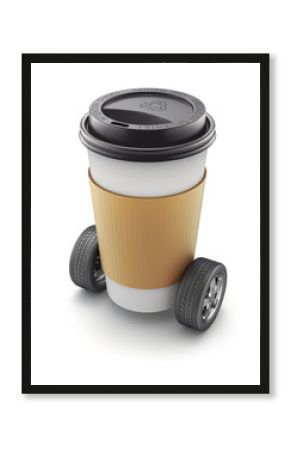 Take-out coffee in thermo cup on car wheels