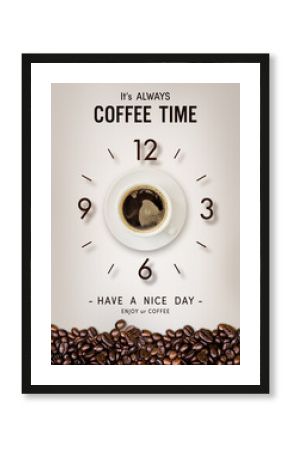 happy time. coffee cup and coffee bean on vintage paper background. over light