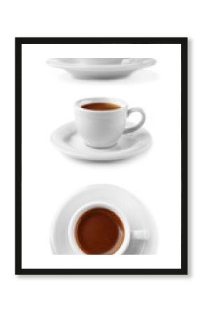 Collage of cups with tasty coffee on white background