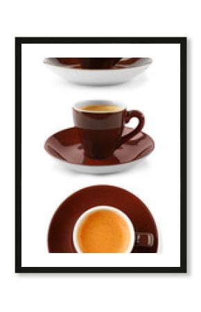 Collage of cups with tasty coffee on white background