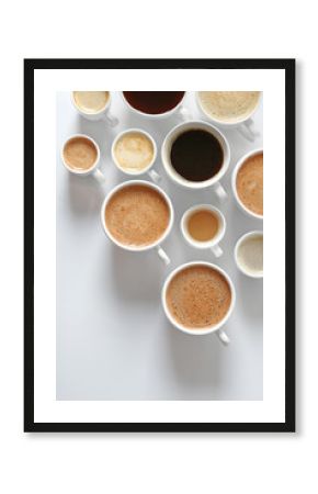 Cups of coffee on white background, top view
