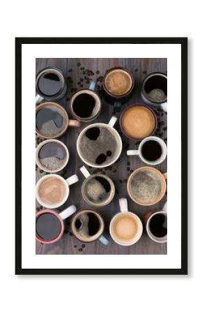 Many cups of coffee on wooden background, top view. Ideas communication corporate concept. Top view, flat lay style