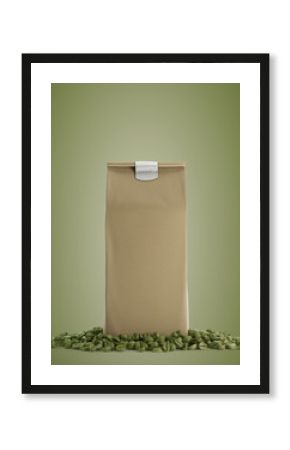 Beige pack of coffee against green background