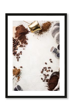 Background with assorted coffee, coffee beans, ground and instant, pads and capsules, retro style toned, copy space, top view.