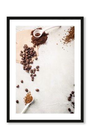 Background with assorted coffee, coffee beans, ground and instant, pads and capsules, retro style toned, copy space, top view.