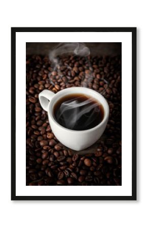 White cup of hot coffee on a background coffee beans.