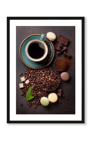 Coffee cup, beans, chocolate