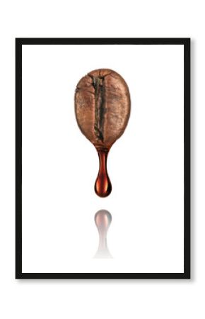 Drop of coffee dripping from coffee seed isolated on white backg
