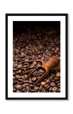Coffee beans. Dark background with copy space, close-up