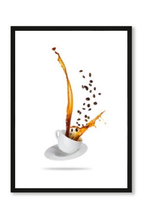 Splashing coffee drink from the cup, isolated on white background