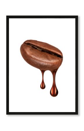 Drop of coffee dripping from coffee seed close-up isolated on white background