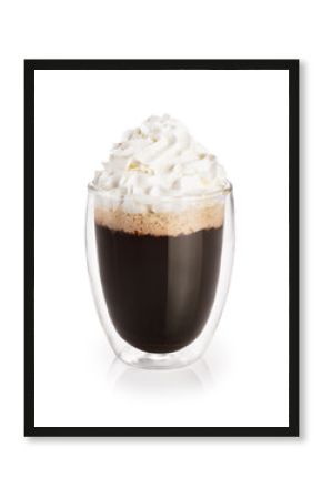 Coffee with whipped cream in a glass with double walls isolated on white background.