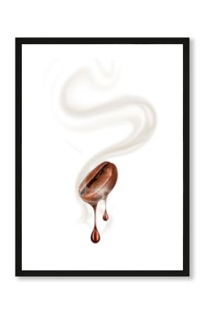Drop of coffee dripping from coffee bean, isolated on white background