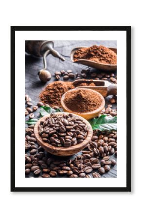 Roasted coffee beans  and ground coffee on wooden table. Top view.