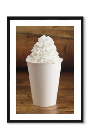 Drink with Whipped Cream on Top in a Disposable Cup on a Wooden Table