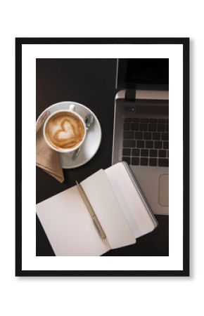 Working at a cafe with latte art cappuccino.  Business meeting. Top view shot.