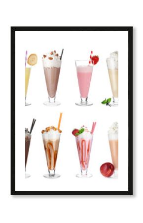 Set with different delicious milk shakes on white background