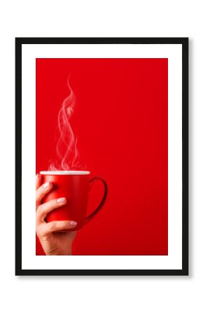 Woman with a cup of fragrant coffee in her hands on a cool day. Black warm coffee in cold weather.Coffee on a red background for your design. Advertising coffee.