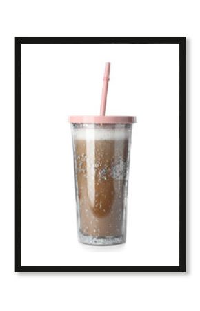 Glitter coffee tumbler with straw isolated on white