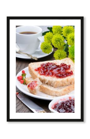 Breakfast with toasts, coffee and jam