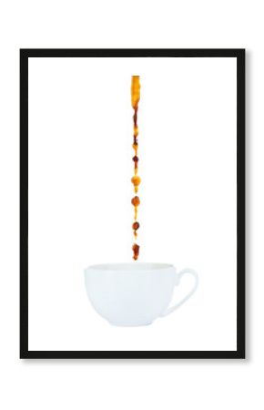 Pour coffee into cup, isolated on white