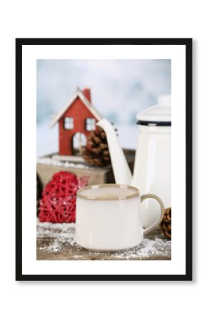 Winter composition with hot beverage on nature background