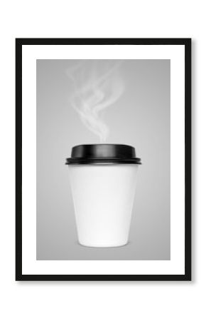 blank hot coffee cup with steam isolated on gray background