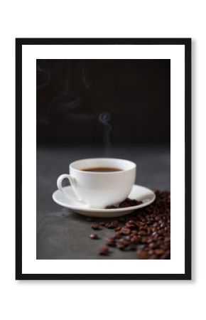 Coffee cup and saucer on a wooden table. Grey background