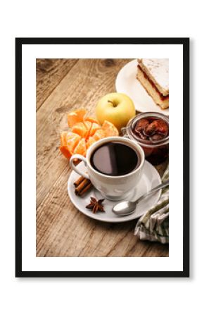 Breakfast with coffee and fruits